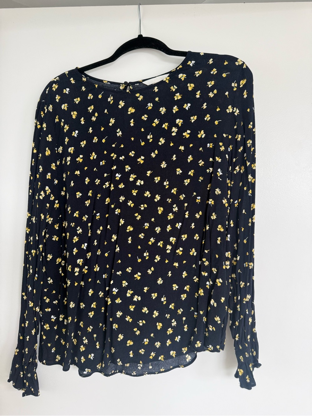 H&M Women's Navy Floral Long-Sleeve Blouse - Yellow Floral Print